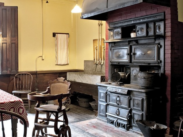 Cooking in the house ended in the mid 1930s; the kitchen, with its soapstone sink and 1884 cast-iron oven, manufactured by Smith &amp; Anthony Stove Co., Boston, is especially well preserved.