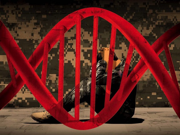 A double-helix image, in red, framing a man in military camouflage, crouched, seated, holding his head, and