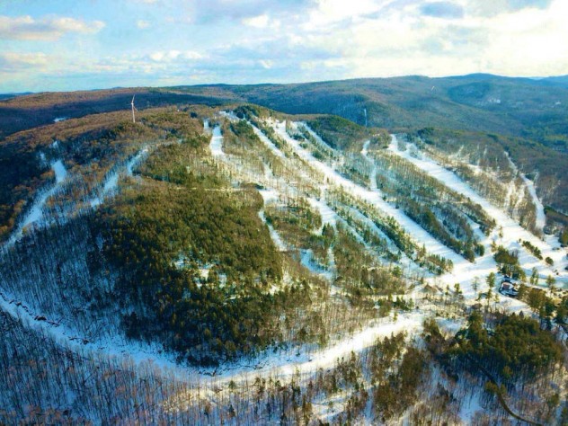 Aerial view of Berkshire East shows various trails, from beginner to skier-designed black-diamond routes