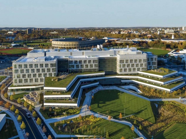 An aerial view (taken by a drone) of the south side of Harvard’s new science and engineering complex, in a perspective looking northwest toward the stadium