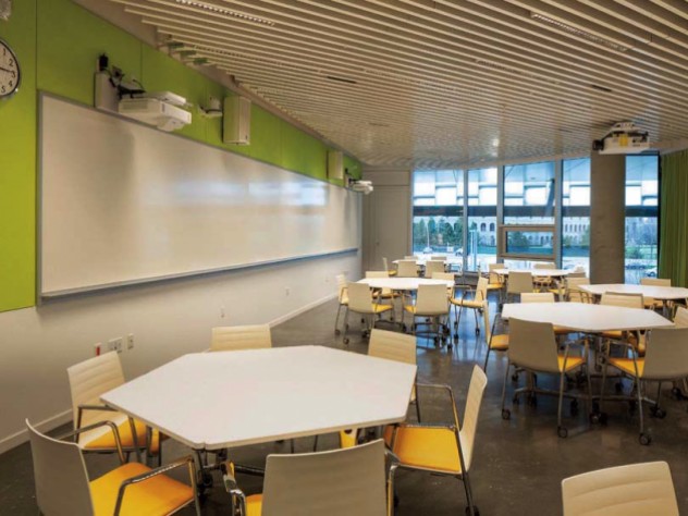 One of various flexible classrooms, filled with white hexagonal tables and bright yellow chairs