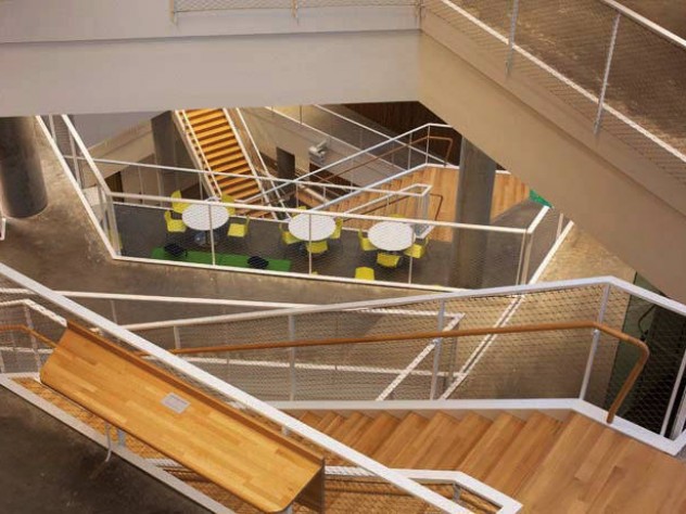 An example of the many floating staircases used to break up the massing of the building
