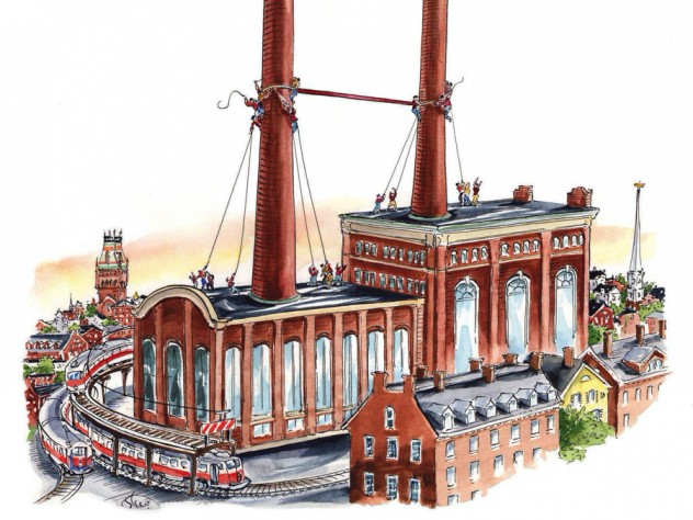 A drawing showing a large crossbar being hauled into place between two tall smokestacks to make a giant "H" for "Harvard"