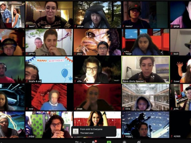 A Zoom screen shot of multiple Harvard student members of the College radio station, WHRB