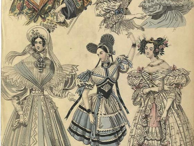 An 1833 engraving of elegant fashions for women, which includes a portrait of ballerina Marie Taglioni dressed as a Swiss milkmaid