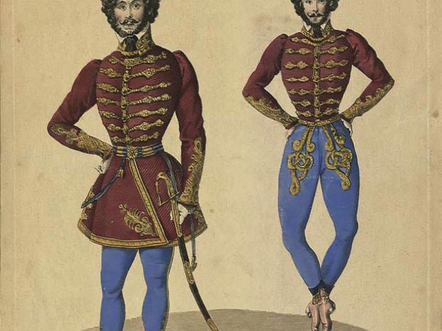 Two engraved images of Hungarian dancer Joseph Farkas dressed as a soldier