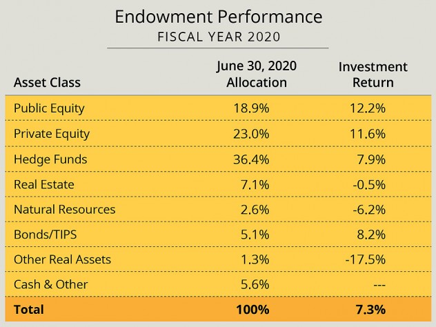 Exhibit showing Harvard Management Company investment returns by asset class in fiscal year 2020