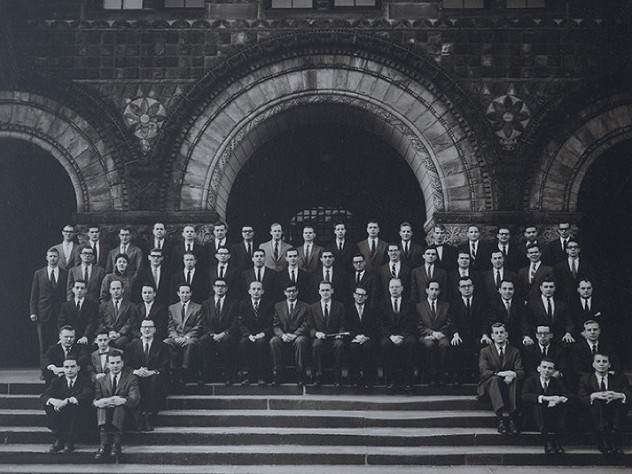 Formal portrait of the Board of Editors for volume 70 of the “Harvard Law Review” (1956-1957), photographed on the steps of Austin Hall. The author, only the third woman admitted to Review membership, stands in the fourth row, at upper left.