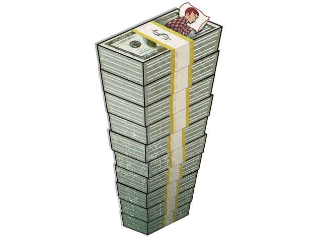 Illustratio of a man sleeping on a mattress made of stacks of dollars.
