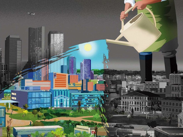 Illustration of a watering can irrigating a city to make it healthy