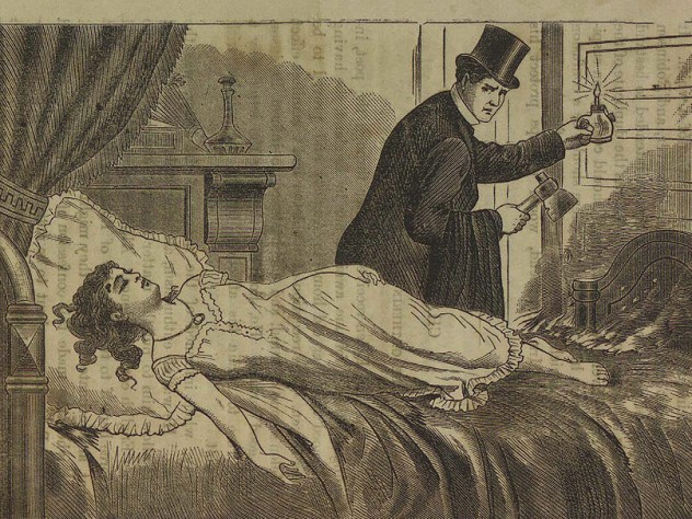 Newspaper illustration depicts Richard P. Robinson fleeing Helen Jewett's murder scene