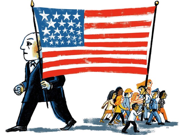 Illustration showing U.S. flag pulled different directions by an oligarch and ordinary citizens