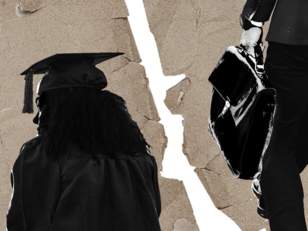 A paper ripped down the middle: on left, a college graduate looks over their shoulder; on right, an employer with a briefcase walks in the opposite direction
