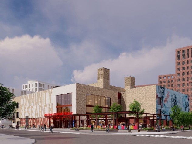 The proposed performing arts center, as seen from across North Harvard Street.