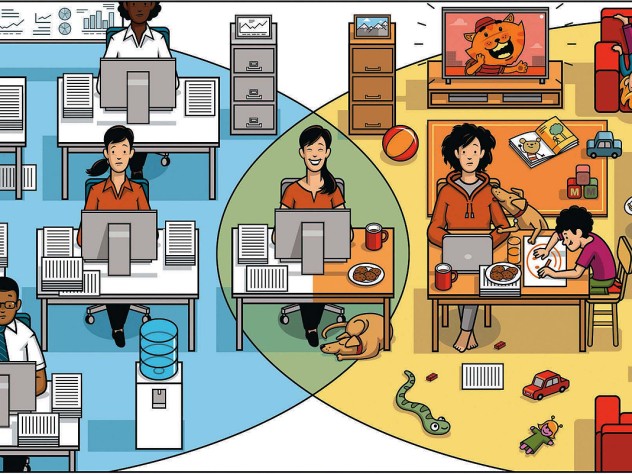 Illustration showing that a blend of working from home and in the office leads to better-performing and happier employees