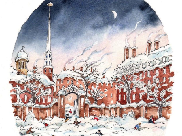Illustration of Cambridge in deep snow, not cleaned up