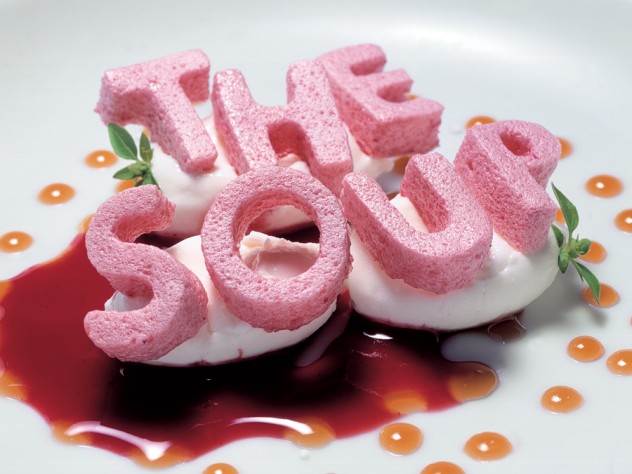 This dessert from elBulli, "alphabet soup," masters the element of surprise with its "letters" of crunchy, dehydrated strawberry meringue.