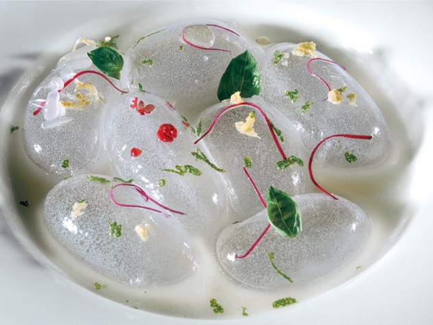This dish from the elBulli kitchen, "spherical balloons of rosewater with touches of lychee," uses Adrià's trademark spherification technique.
