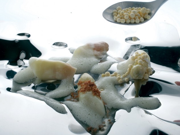  "white asparagus, in various temperatures and preparations, with egg-yolk shots"