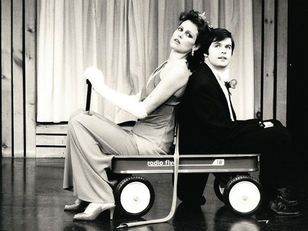 Sigourney Weaver and Durang in their 1979-80 Brecht-Weill cabaret act, <em>Das Lusitania Songspiel</em>. They entered in a red wagon, parodying the opening of the Brecht-Weill opera <em>The Rise and Fall of the City of Mahagonny,</em> in which American capitalists enter in a wagon on a search for gold. 
