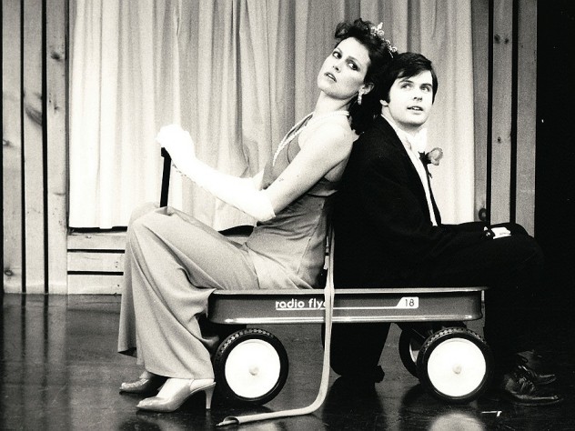 Gregory Grove Sigourney Weaver and Durang in their 1979-80 Brecht-Weill cabaret act, <em>Das Lusitania Songspiel</em>. They entered in a red wagon, parodying the opening of the Brecht-Weill opera <em>The Rise and Fall of the City of Mahagonny,</em> in which American capitalists enter in a wagon on a search for gold.