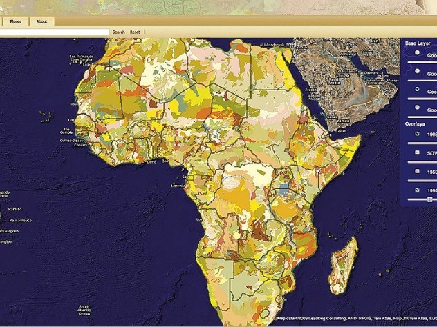 This map shows soil types for all of Africa. A researcher might use  it with other map layers to study agricultural productivity among  countries with similar soils, comparing, for example, the agrarian practices of Francophone and Anglophone countries.