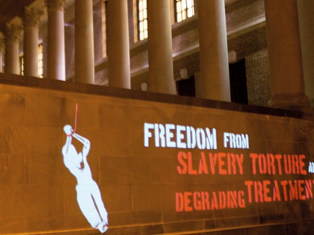 Kris Snibbe/Harvard News Office Articles from the Universal Declaration of Human Rights were projected onto Harvard buildings in December. The “60.30.1” light installation--created by artist Julie Mallozzi, then acting co-director of Harvard’s Film Study Center, with animation created by Norah Solorzano, a teaching assistant in the department of visual and environmental studies--was commissioned by the Film Study Center, the Carr Center for Human Rights Policy, and the University Committee on Human Rights Studies.