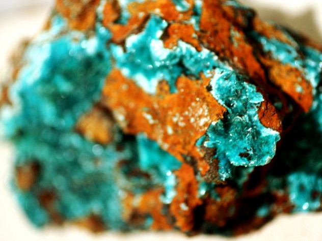 Blue-green aurichalcite on reddish gossan, from the Ojuela Mine in Mapimí, Durango, Mexico