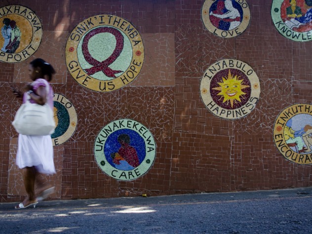 Photograph by Nadine Hutton At McCord Hospital in Durban, South Africa, the Sinikithemba ("We give hope" in Zulu) program gives HIV patients more than prescriptions and tests. It has also trained many in income-generating activities; this mosaic, created by HIV patients, is one example.