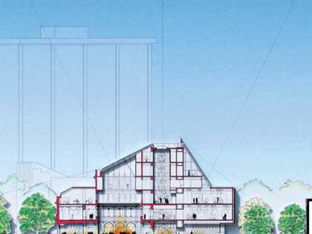 Courtesy of Harvard Art Museum In this rendering of Renzo Piano’s plan for renovating the Fogg Art Museum, the study centers are visible on the fifth and sixth floors. Also shown are the museum’s two entrances: the existing one from Quincy Street on the left, and a new entryway from Prescott Street on the right.