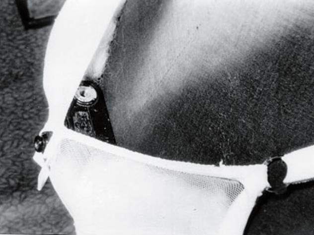 This camera-in-a-bra could take pictures through sheer fabric or lace. A remote release in a pocket operated the shutter.