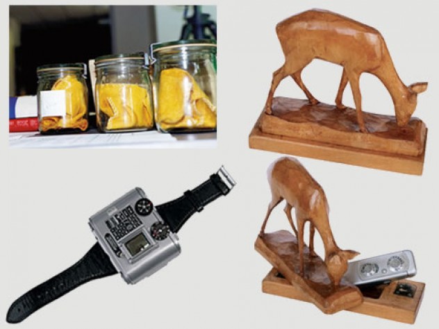 Tools of Stasi spying: jars containing dust cloths used to capture the body scent of people the Stasi was trying to track; a deer statuette with a camera hidden inside; a Swiss-made Tessina 35-mm miniature camera.