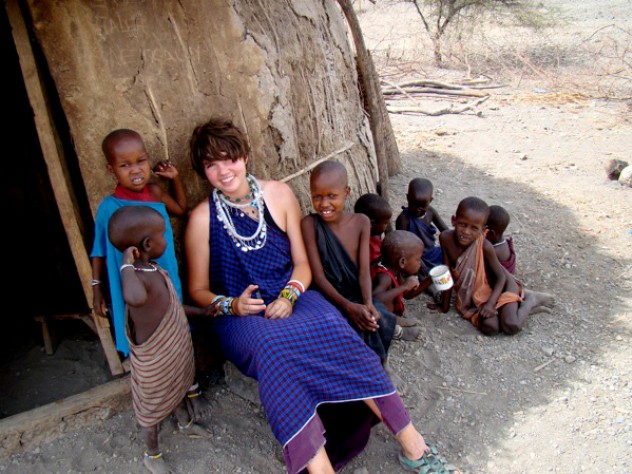 Courtesy of Megan Shutzer Megan Shutzer ’10 first traveled to Africa during her junior year; she spent a semester traveling around Tanzania on a program learning about wildlife ecology and the conservation industry. Here, she is shown near Lake Natron in northern Tanzania, where she did a homestay with a Masai family (including some of the children shown).