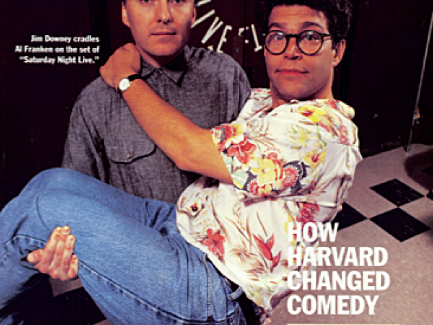The July-August 1992 issue of <em>Harvard Magazine</em> featured Jim Downey and Al Franken on the set of "Saturday Night Live"