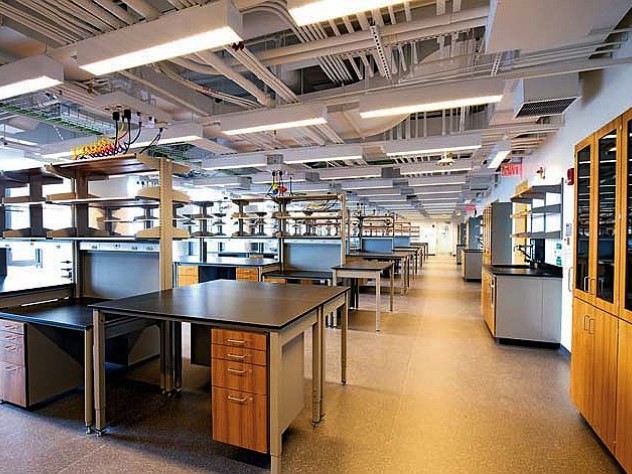 The labs in the building are unusually flexible. Instead of air pipes affixed to a wall, for example, hoses drop down from the ceiling. The desks and tables, rather than remaining bolted to the floor, can be readily reconfigured to suit researchers&rsquo; needs.