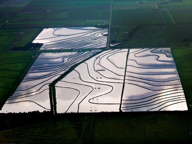 Photograph and caption by Alex MacLean Welsch, Louisana - Before rice is planted, the earth is flooded with elevated groundwater. This process, known as wet seeding, is extremely water intensive, and pumping can become costly. The flooded land also serves as an ideal environment for methane production. Methane, a major greenhouse gas, is about 23 times more potent than carbon dioxide.