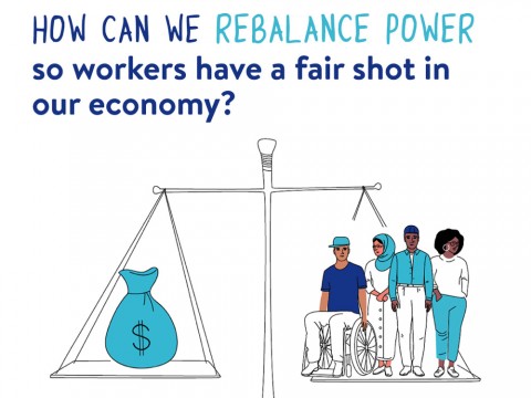 Chart showing a scale balancing workers on one side against a big bag of money on the other
