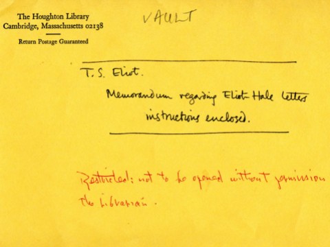An official Houghton envelope with the words: "Memorandum regarding Eliot Hale letters, instructions enclosed."