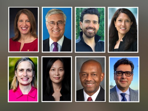 Photographic portraits of HAA nominating committee nominees for Harvard Board of Overseers: Top row, left to right: Sylvia Mathews Burwell, Jeffrey D. Dunn, Arturo Elizondo, Srishti Gupta Narasimhan Bottom row, left to right: Fiona Hill, Vanessa W. Liu, Robert L. Satcher Jr., Luis A. Ubiñas