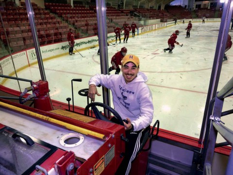Matt Gilmore, sitting behind the wheel of a Zamboni