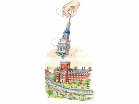 Mark Steele illustration of Lowell House’s bells being rung for the first time by a giant hand stretching from a cloud to swing the detached belfry.
