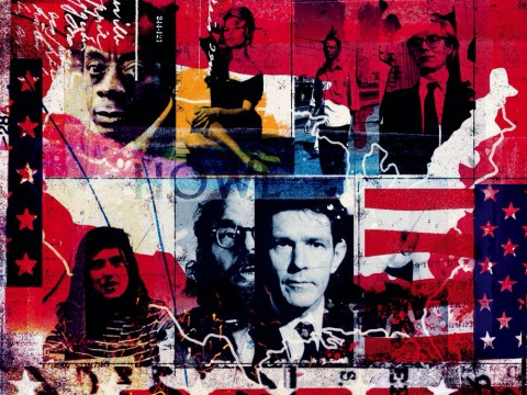 A collage of emblematic figures in American history set against the Stars and Stripes