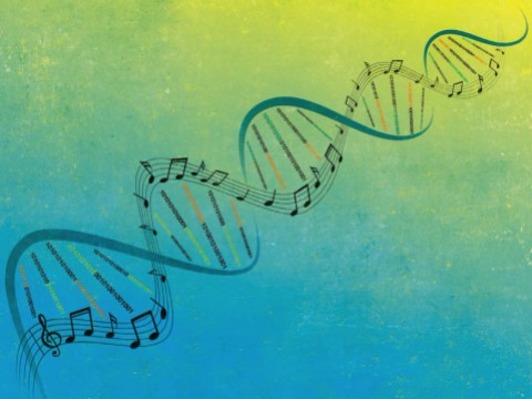 An evocative illustration that incorporates musical notation into the familiar double helix of DNA