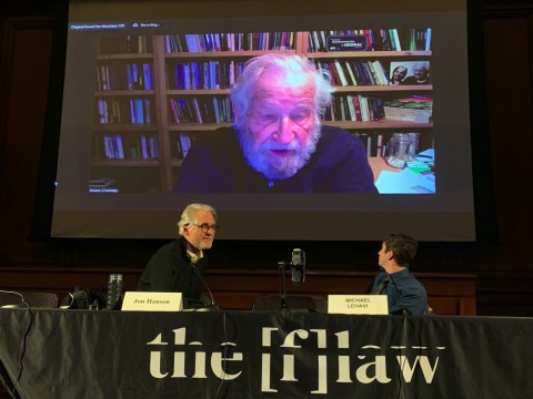 Photograph of Noam Chomsky videoconference at a Harvard Law School event discussing corporate capture of the legal profession