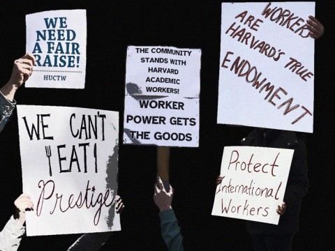A photo montage of protest signs; one reads, "Workers are Harvard's true endowment."