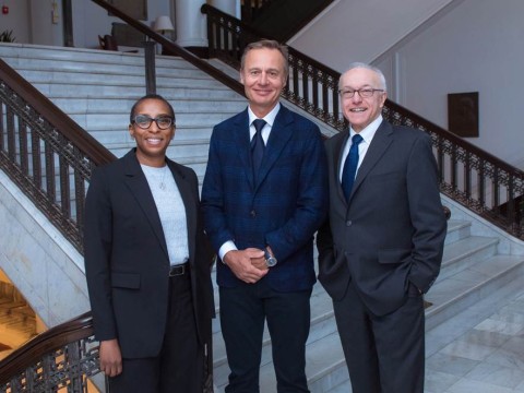Photograph of Harvard University President-elect Claudine Gay; donor, Ernesto Bertarelli; and Harvard Medical School Dean, George Q. Daley 