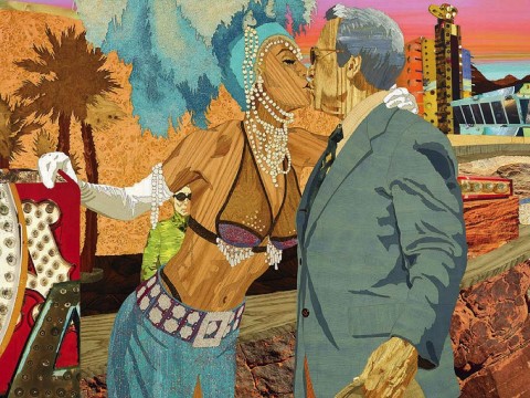Art depicting Vegas showgirl kissing businessman