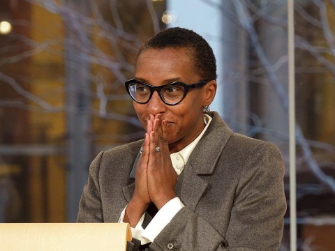 Claudine Gay, president-elect, reacts to crowd ovation December 15, 2022, as her appointment is announced.