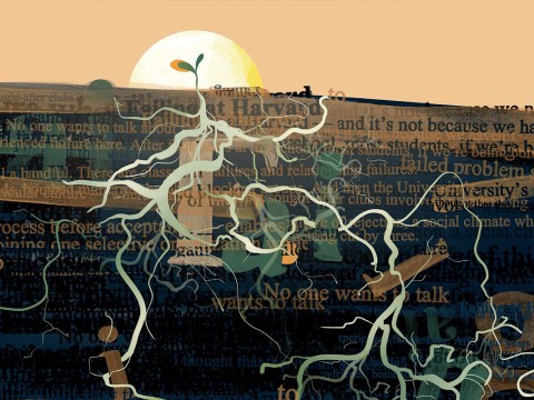 Conceptual illustration of a budding plant with long roots reaching into words of failure