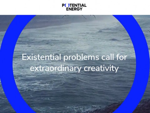 The homepage of the nonprofit Potential Energy Coalition, showing a blue circle superimposed on a black-and-white photograph of the ocean